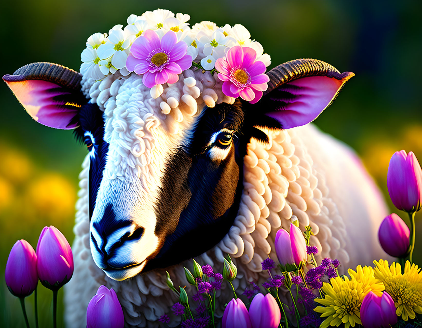 Floral Crown Sheep Among Colorful Flowers