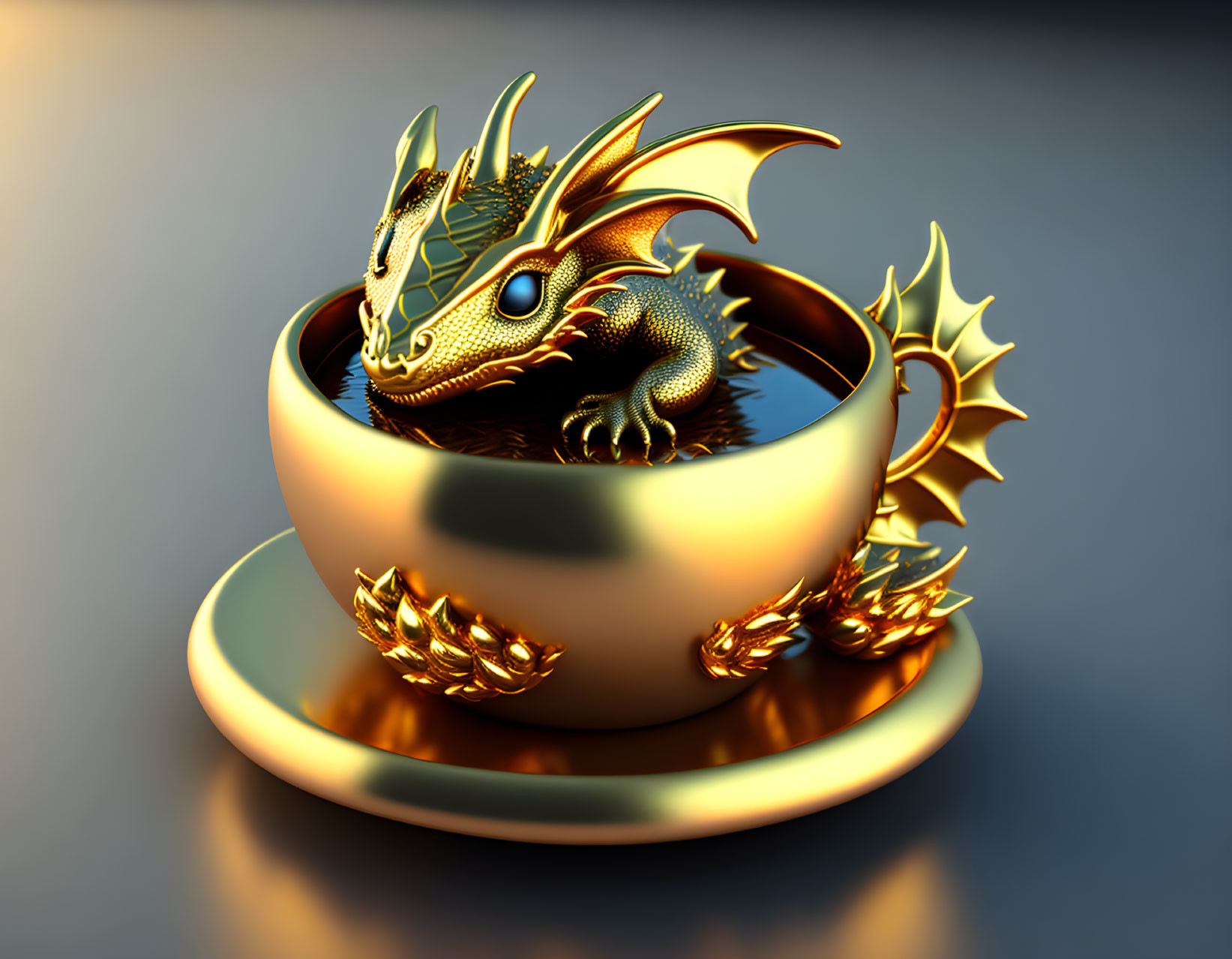 Golden Dragon in Teacup on Blue Gradient Background