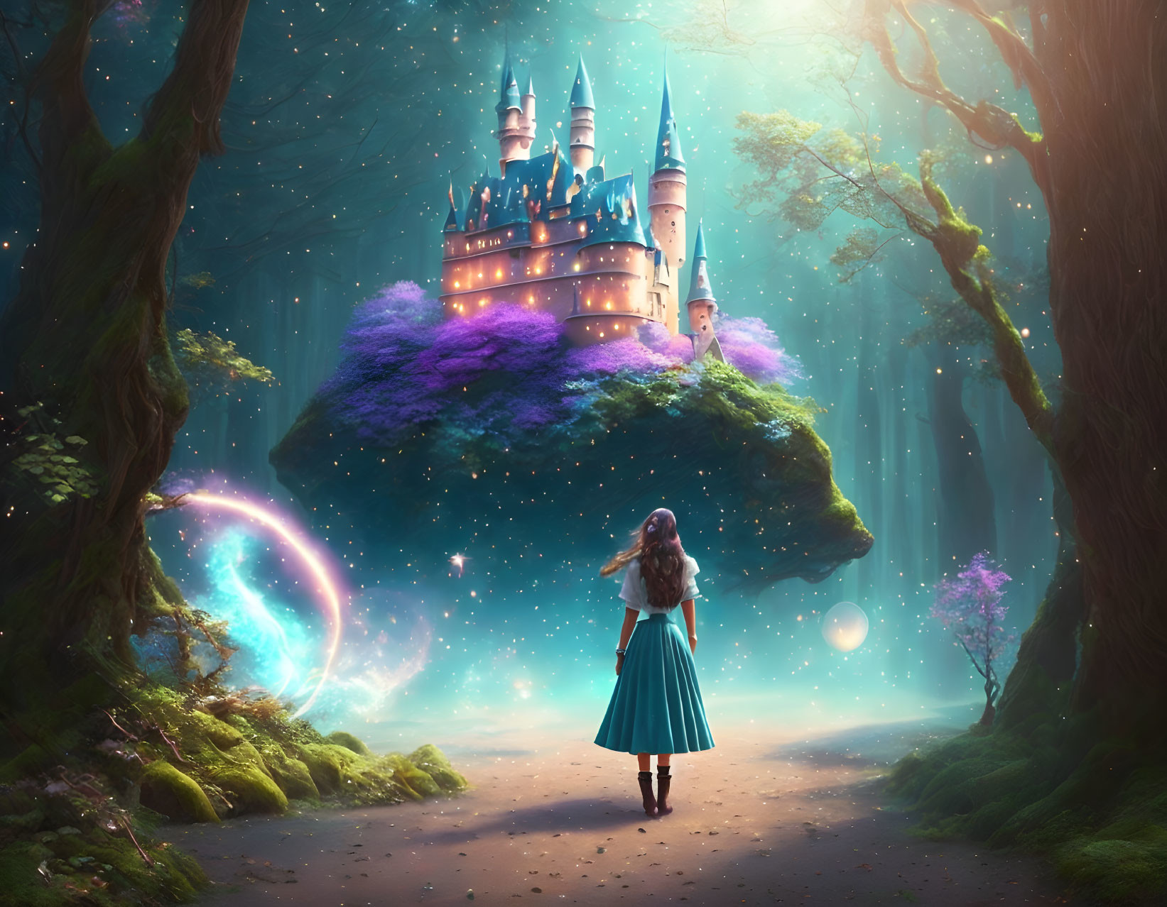 Young girl in blue dress looks at floating castle in enchanted forest with glowing portal.