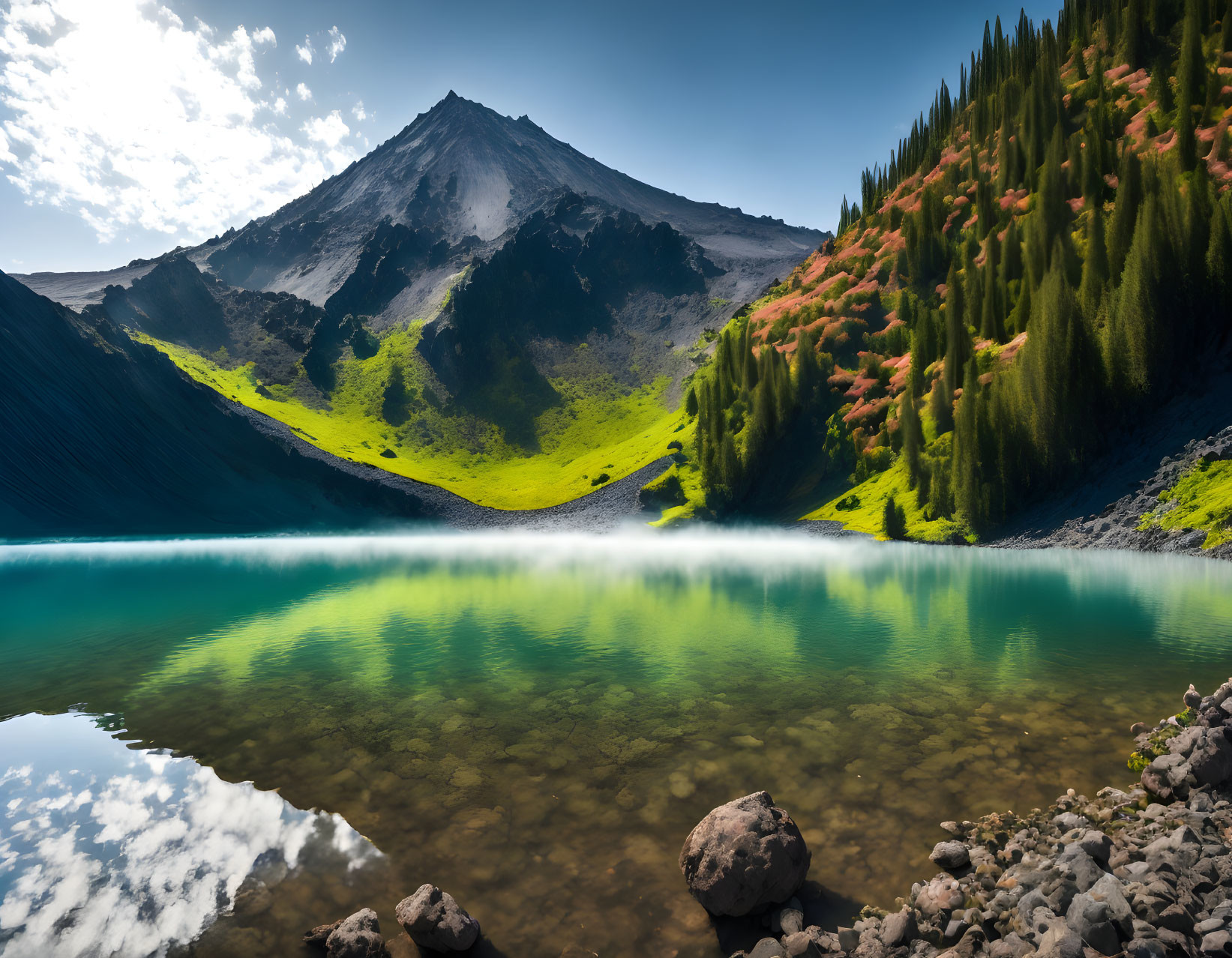 Serene mountain lake with turquoise water and snowy peak reflected in lush green surroundings