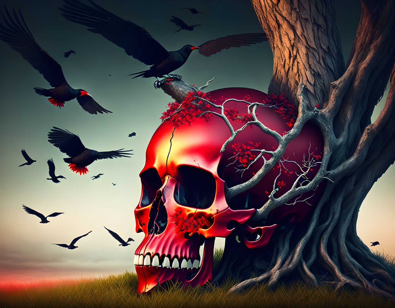 Surreal illustration of giant red skull with trees and birds at twilight