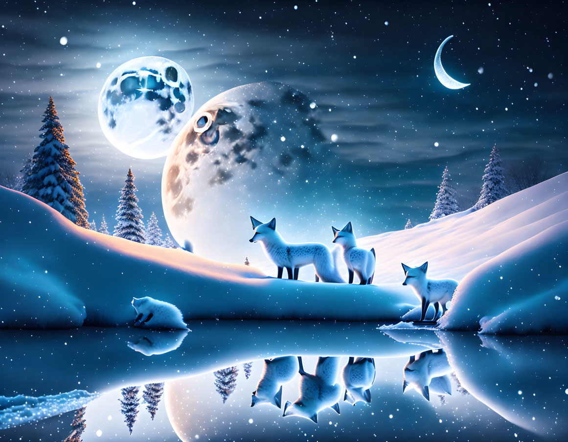 Fantastical winter scene with wolves, icy surface, moons, and stars.