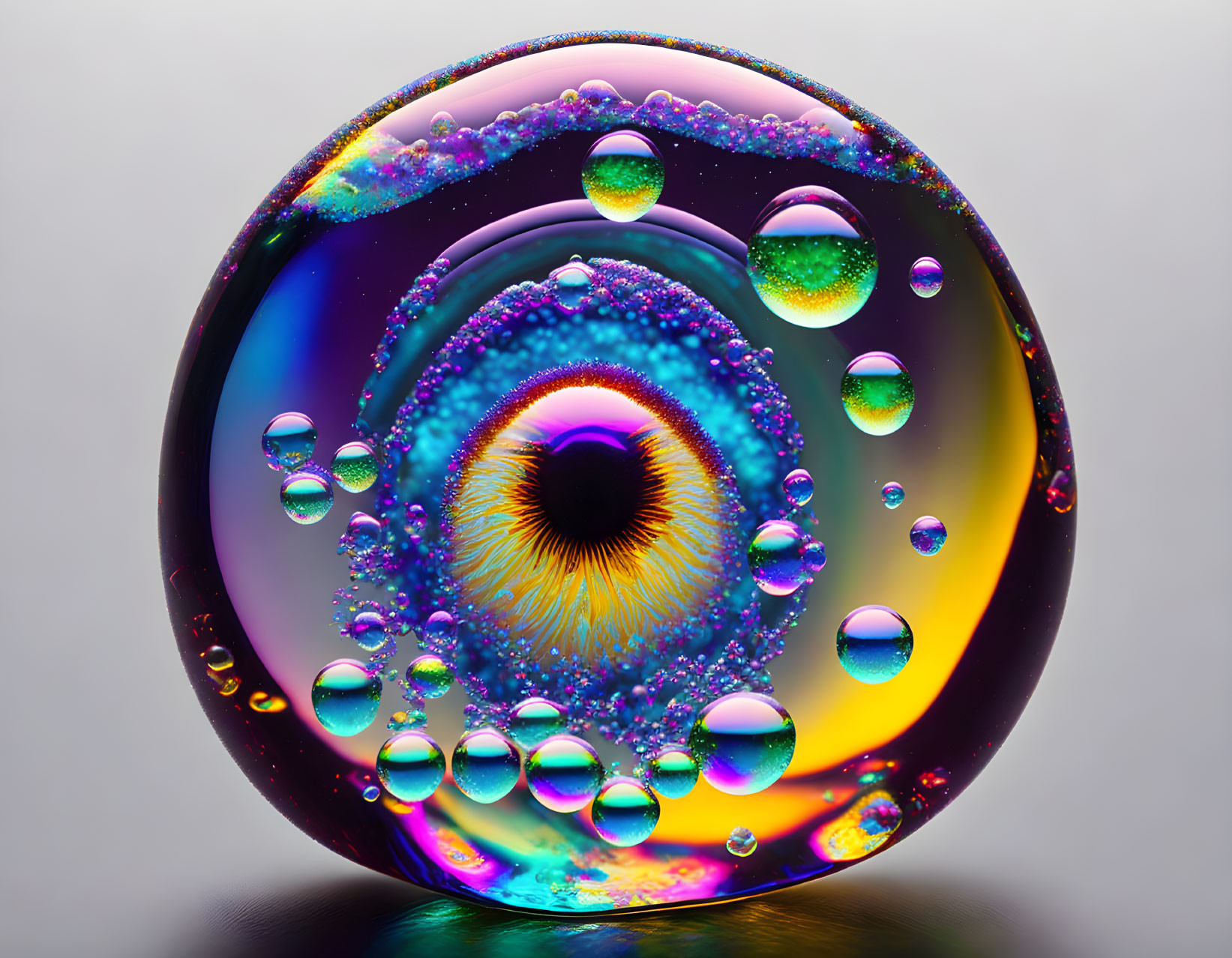 Colorful Soap Bubble Macro with Spiral Pattern and Floating Bubbles