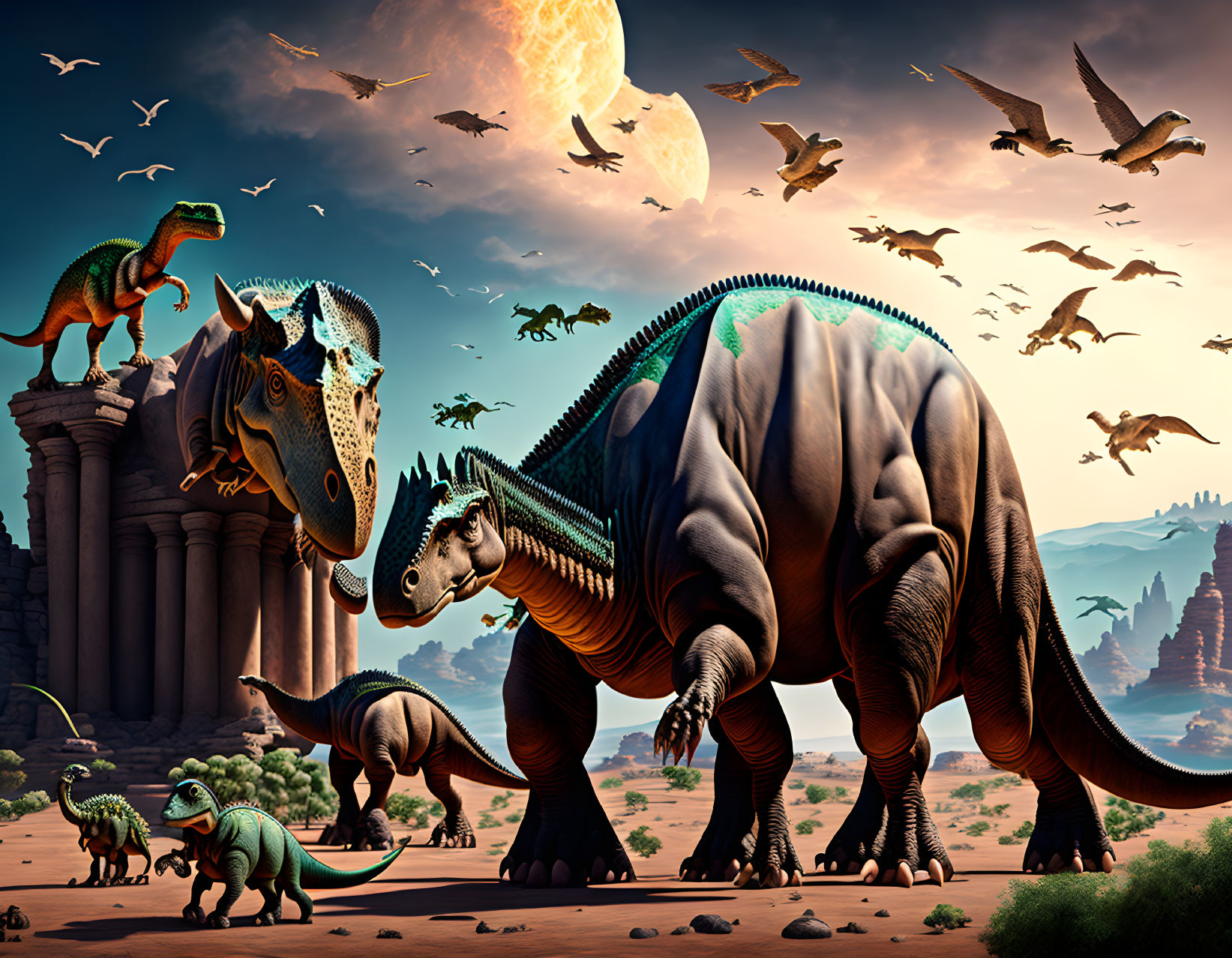 Various dinosaurs, pterosaurs, and ancient structures in dramatic prehistoric scene