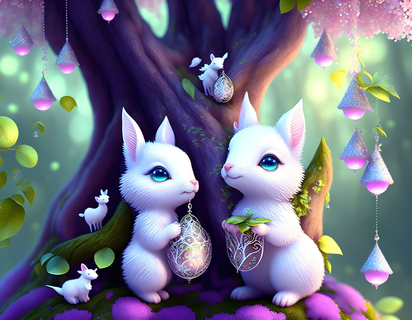 Whimsical white rabbits with large eyes in magical forest with ornate eggs.