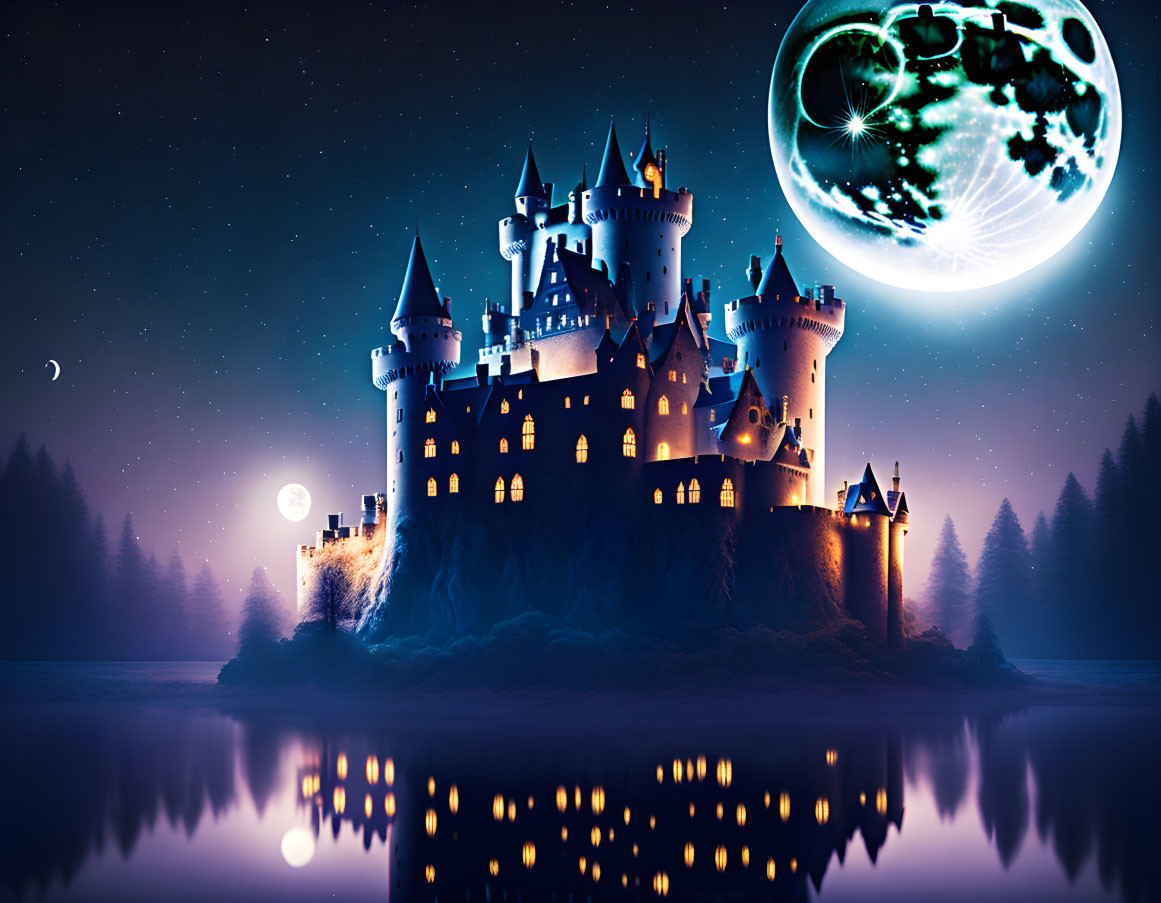 Majestic castle by serene lake under starry sky with green moon