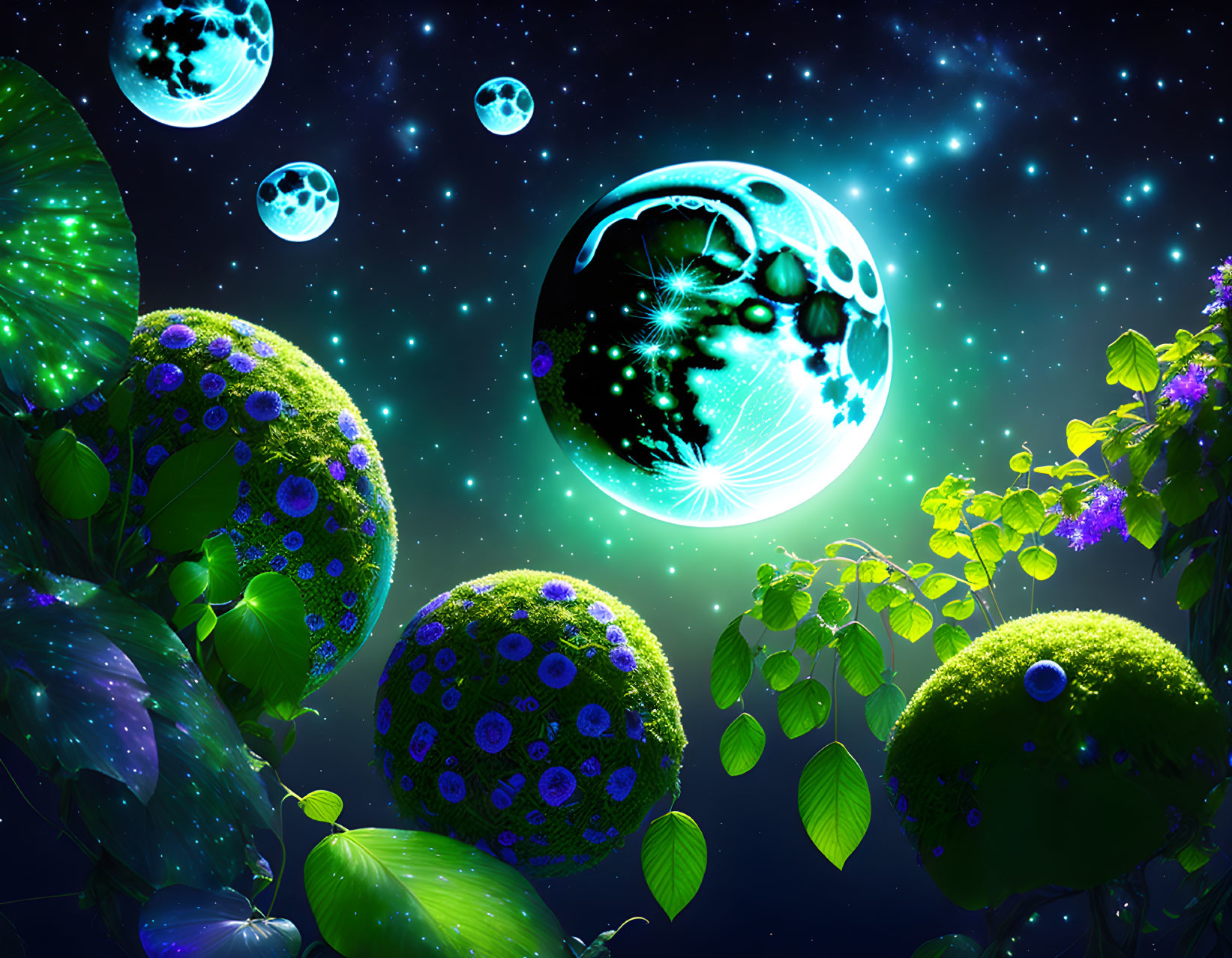 Fantastical space scene with glowing green planets and floral moons