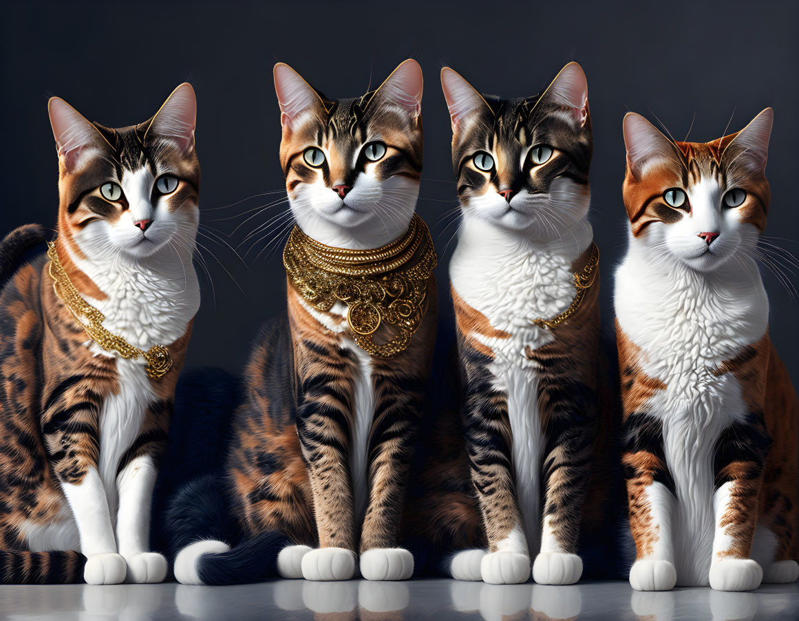 Four Domestic Cats with Striking Markings and Gold Necklaces on Dark Background