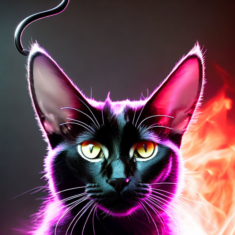 Colorful Digital Art: Black Cat with Yellow Eyes in Neon Purple and Pink Palette