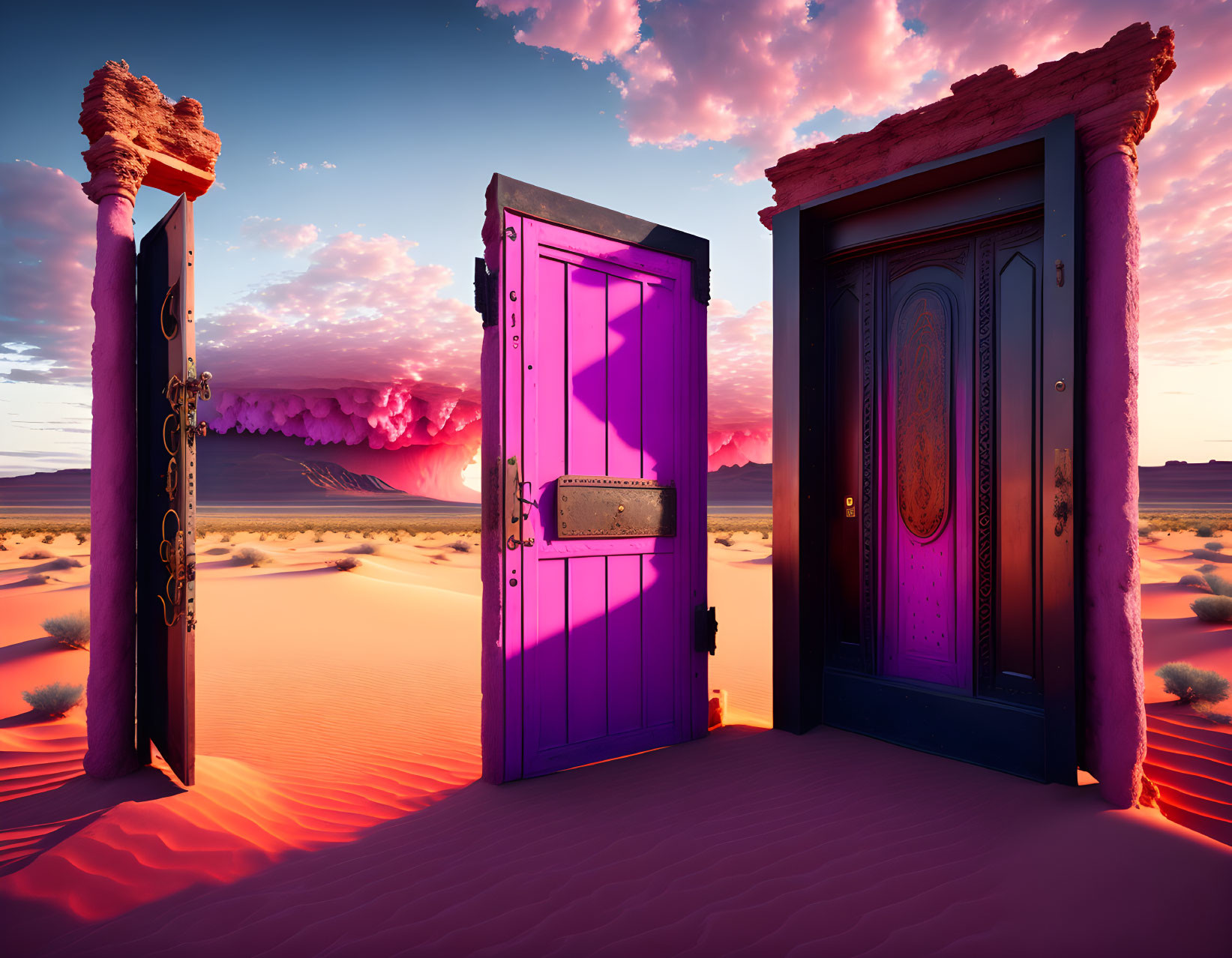 Vibrant desert doors with ornate designs and sunset clouds