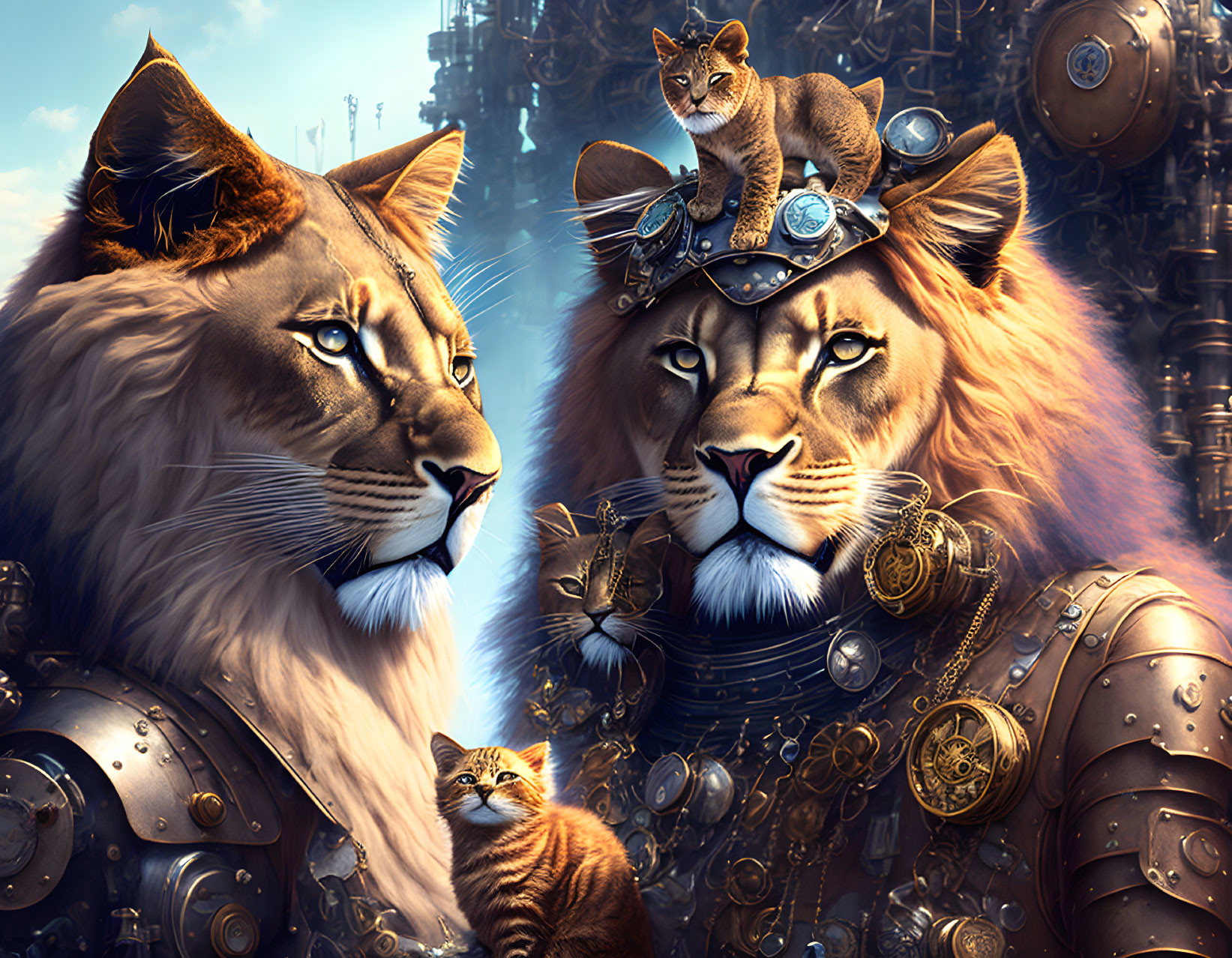 Armored lions with mechanical elements and kittens in a regal setting