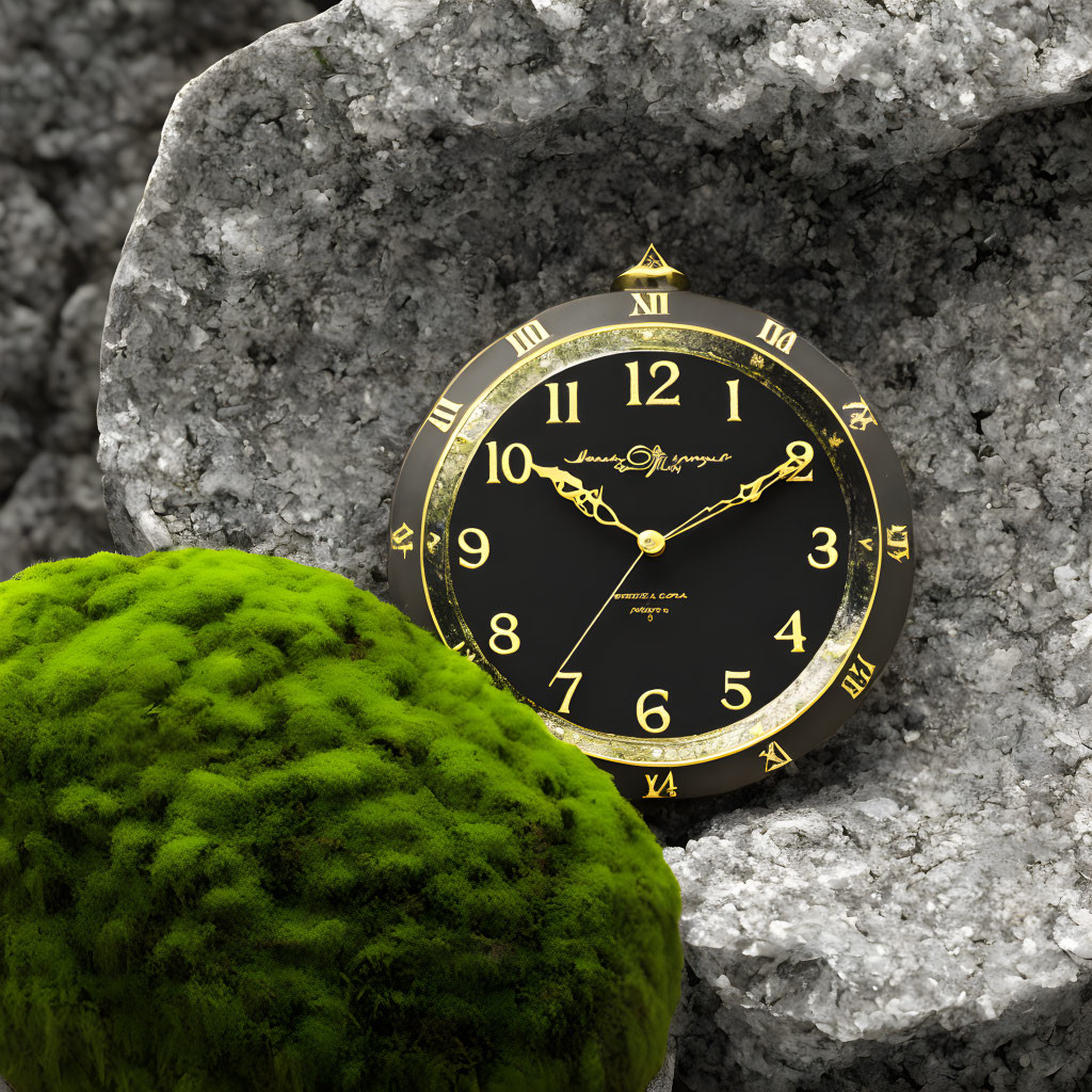 Gold and Black Roman Numerals Watch on Rock and Moss-covered Stone