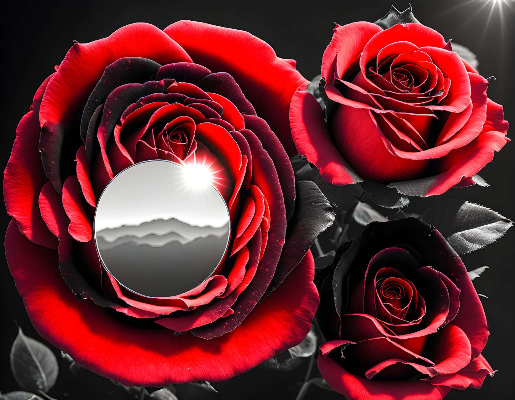 Bright Red Roses with Mirror Reflecting Mountain Landscape