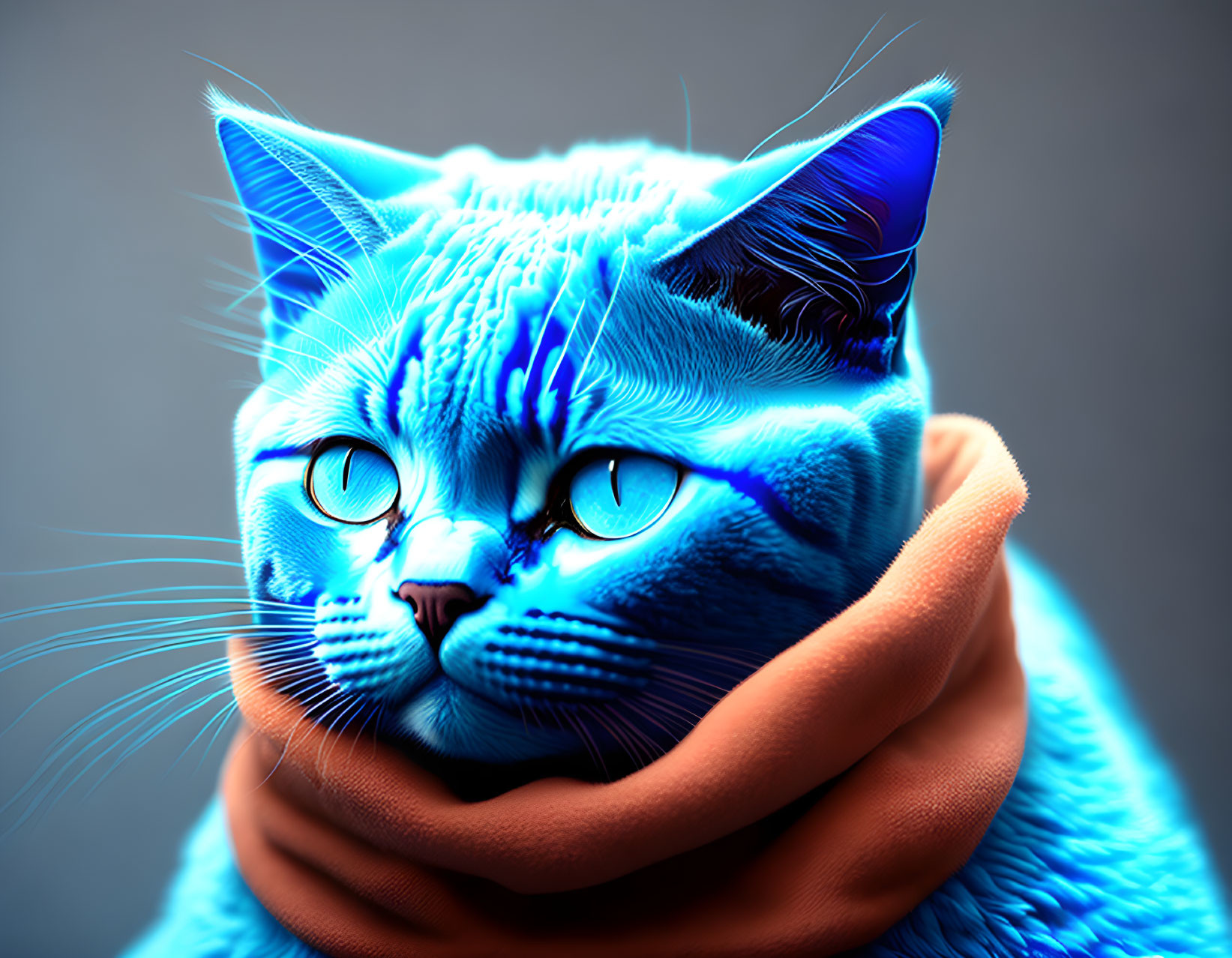 Blue Cat with Glowing Eyes and Orange Scarf on Grey Background