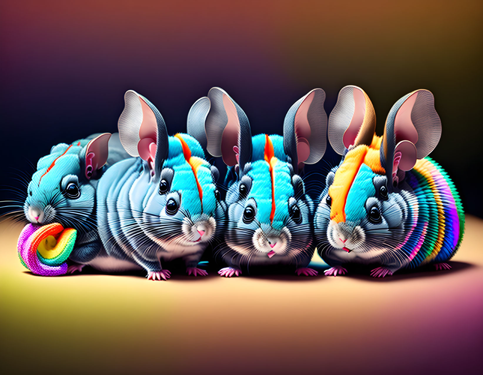 Five stylized cartoon mice with colorful fur patterns on gradient background