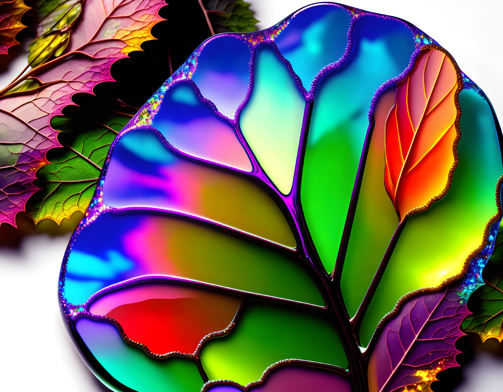 Colorful Metallic Leaves with Vein Patterns on White Background