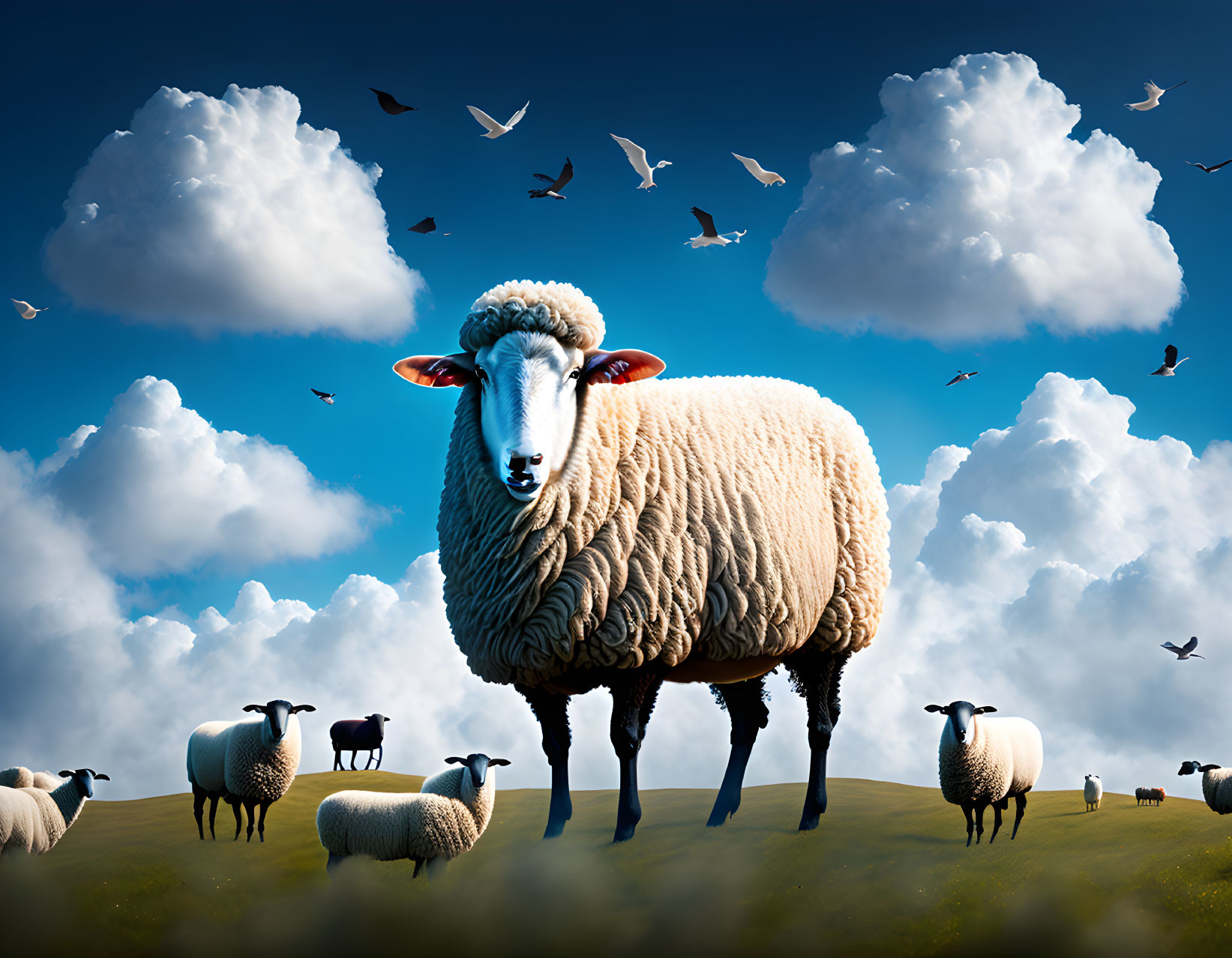 Prominent Large Sheep in Grassy Field with Birds and Clouds