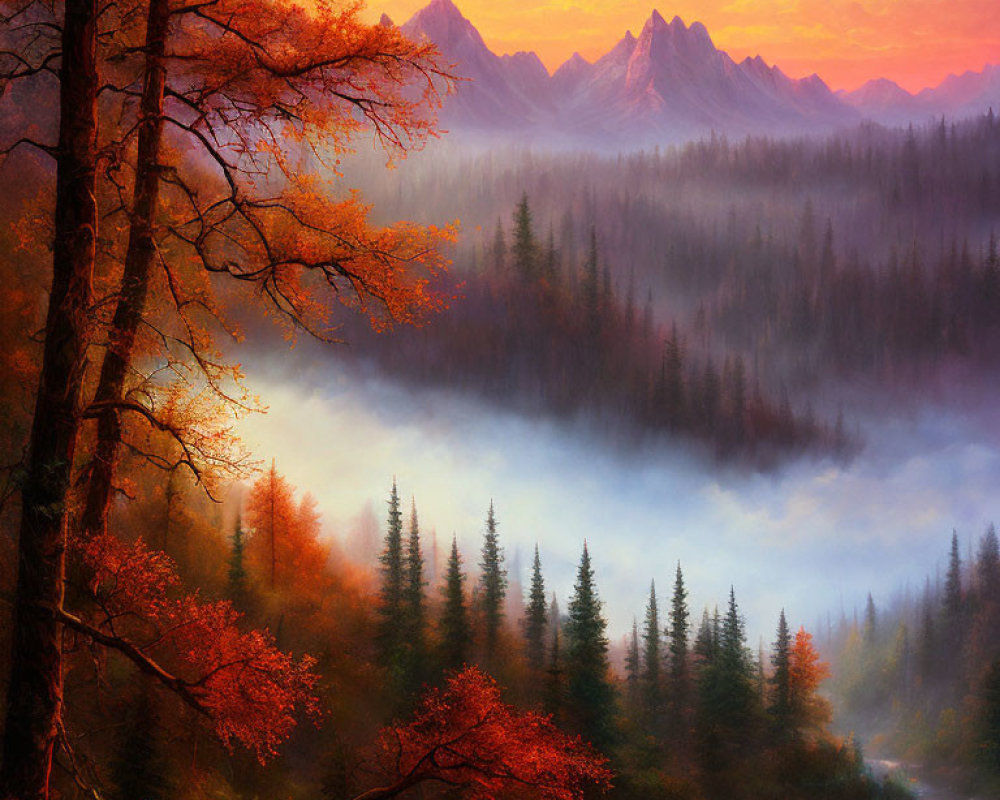 Misty Autumn Forest with Mountain Peaks at Sunrise or Sunset