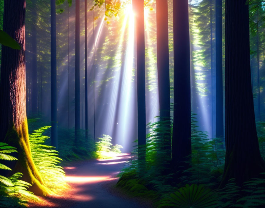 Forest path with sunbeams and lush greenery