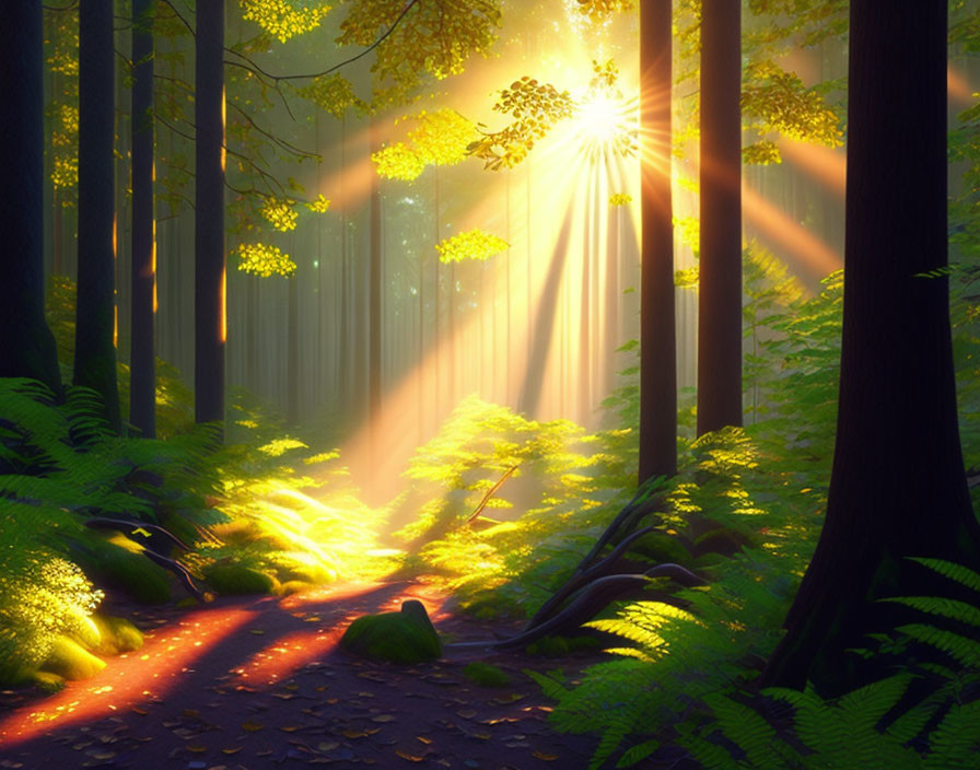 Sunlit Forest Scene with Vibrant Green Foliage