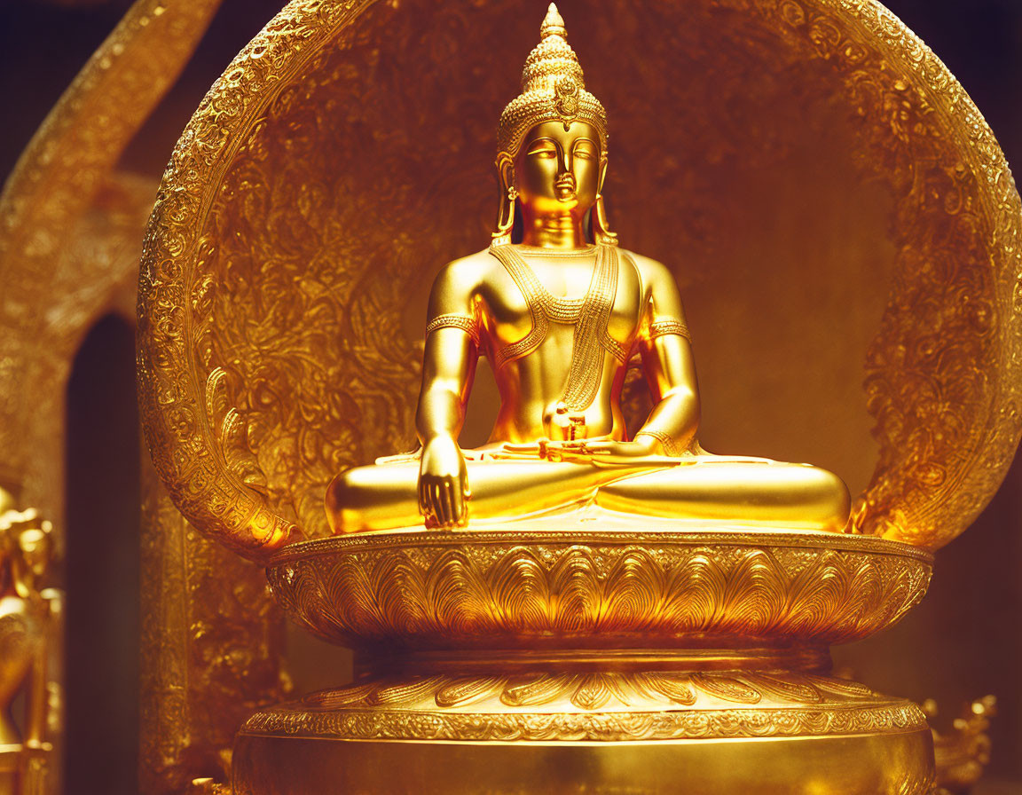 Golden Buddha Statue Seated in Lotus Position with Halo Background