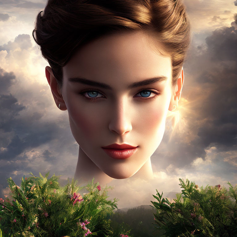 Portrait of Woman with Blue Eyes and Brown Hair Against Cloudy Sky and Greenery