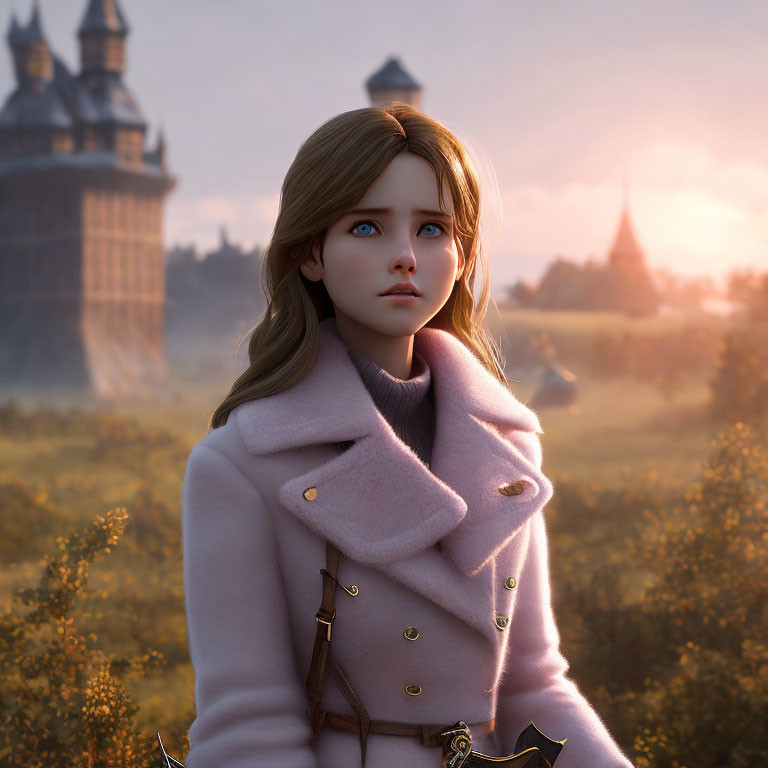 Blonde Woman in Pink Coat with Sunset Castle Portrait