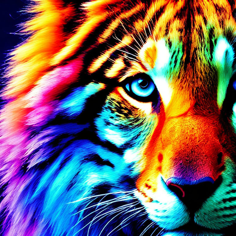 Colorful Tiger Portrait with Blue to Red Spectrum Fur