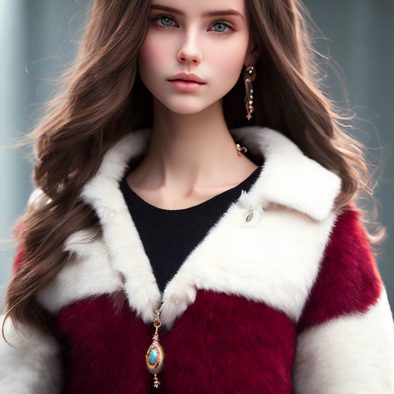 Portrait of Woman with Long Brown Hair, Blue Eyes, Black Top, Elegant Jewelry, Red & White