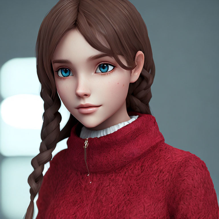 3D-generated image of girl with big blue eyes and braided brown hair