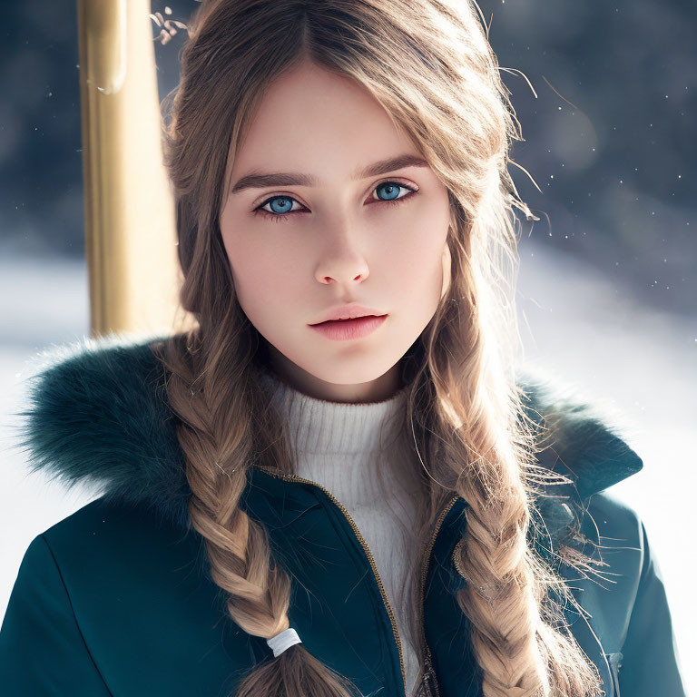 Young woman with braided hair in green coat against snowy backdrop