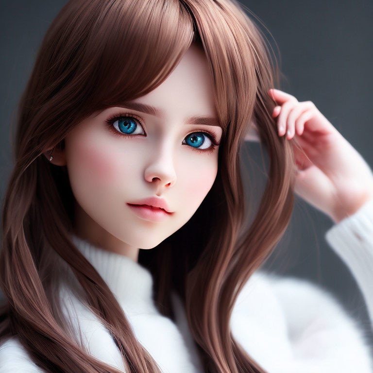 Digital Artwork: Female with Blue Eyes, Brown Hair, White Turtleneck