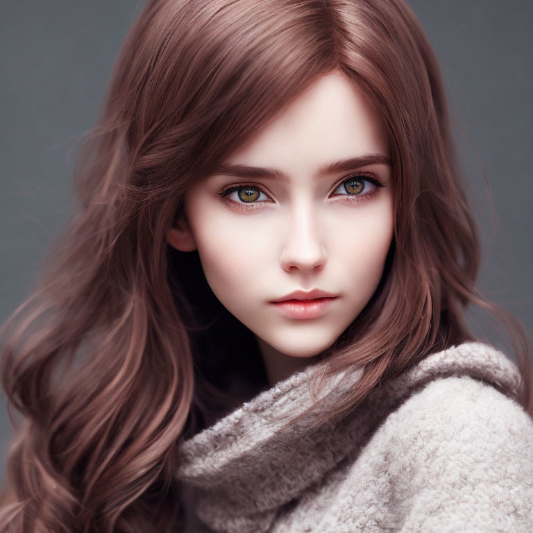 Portrait of Woman with Long Wavy Hair and Green Eyes in Cozy Scarf