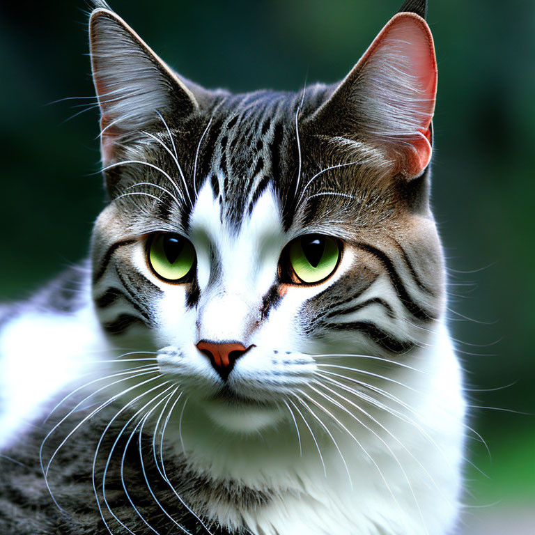 Tabby Cat Close-Up with Green Eyes and Unique Fur Patterns