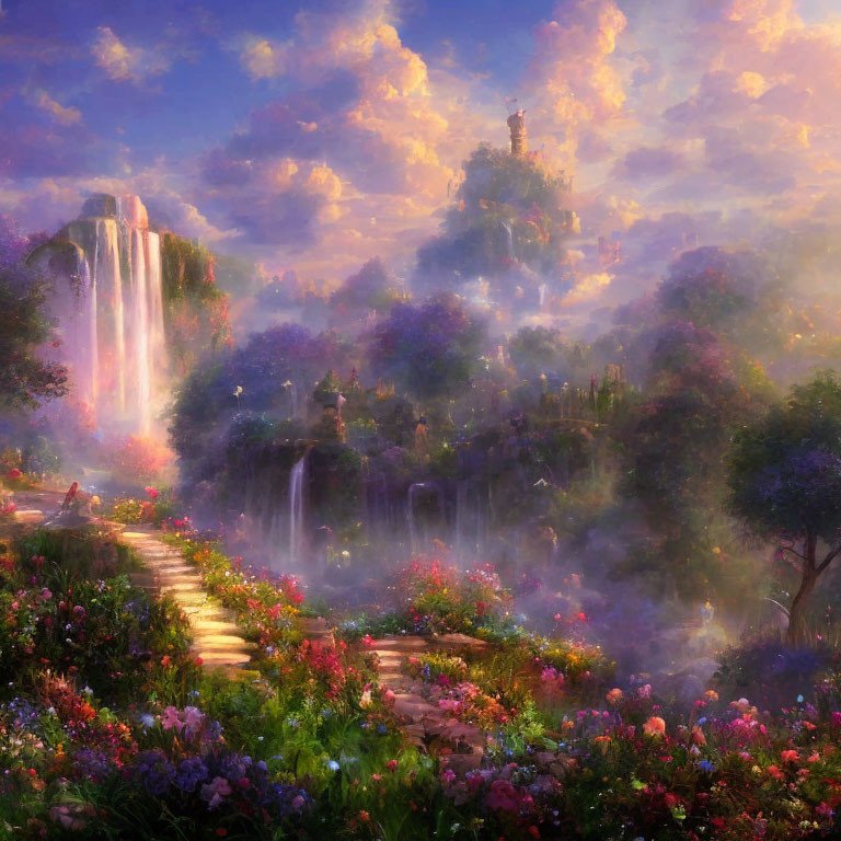 Vibrant flowers, misty waterfalls, glowing sunset, and distant castle in lush landscape