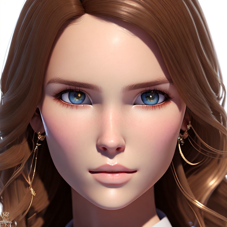 Close-up of 3D-rendered female character with blue eyes, blonde hair, and gold hoop