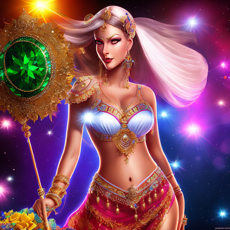 Illustrated woman in ornate gold clothing with jeweled headdress and magical staff on cosmic backdrop.