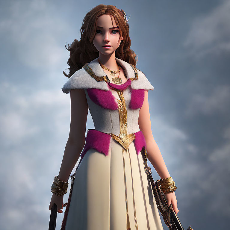 3D female character with brown hair in medieval dress with fur collar & gold trim