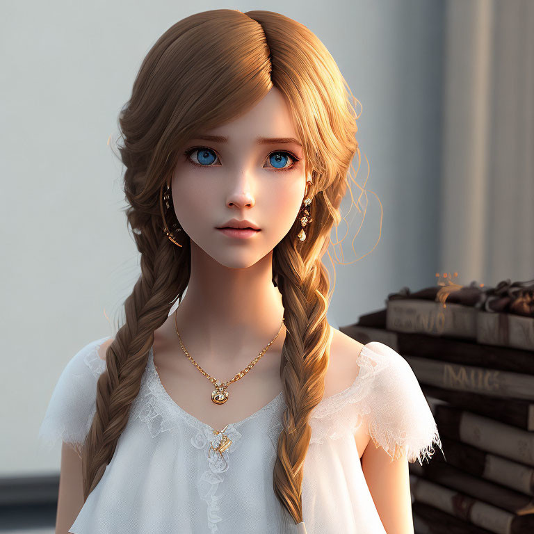 Young woman in white lace dress with braided brown hair and blue eyes in 3D render