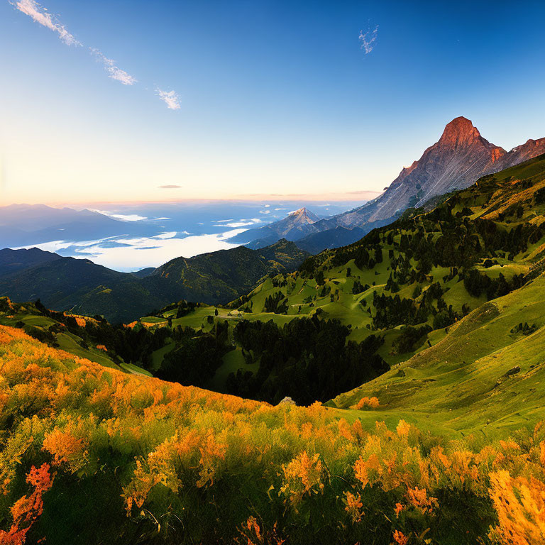 Scenic sunset view of green hills, misty mountains, and rocky peak