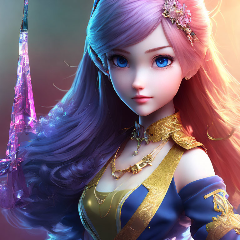 Fantasy digital art of female character with purple hair and crystal tiara