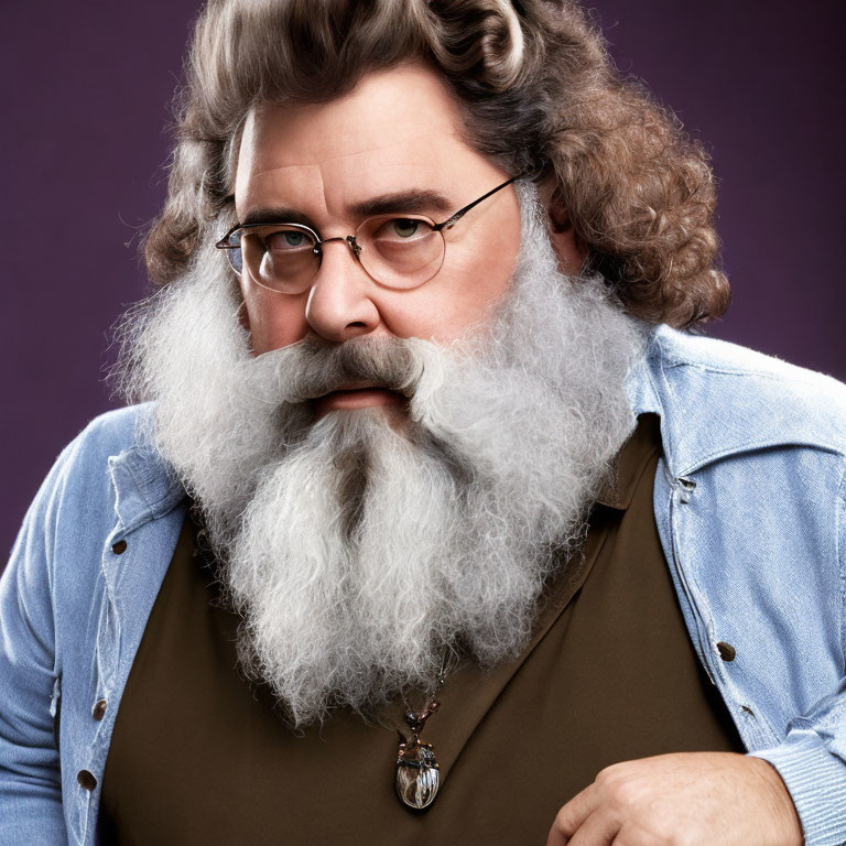 Elderly man with thick glasses and gray beard in denim jacket