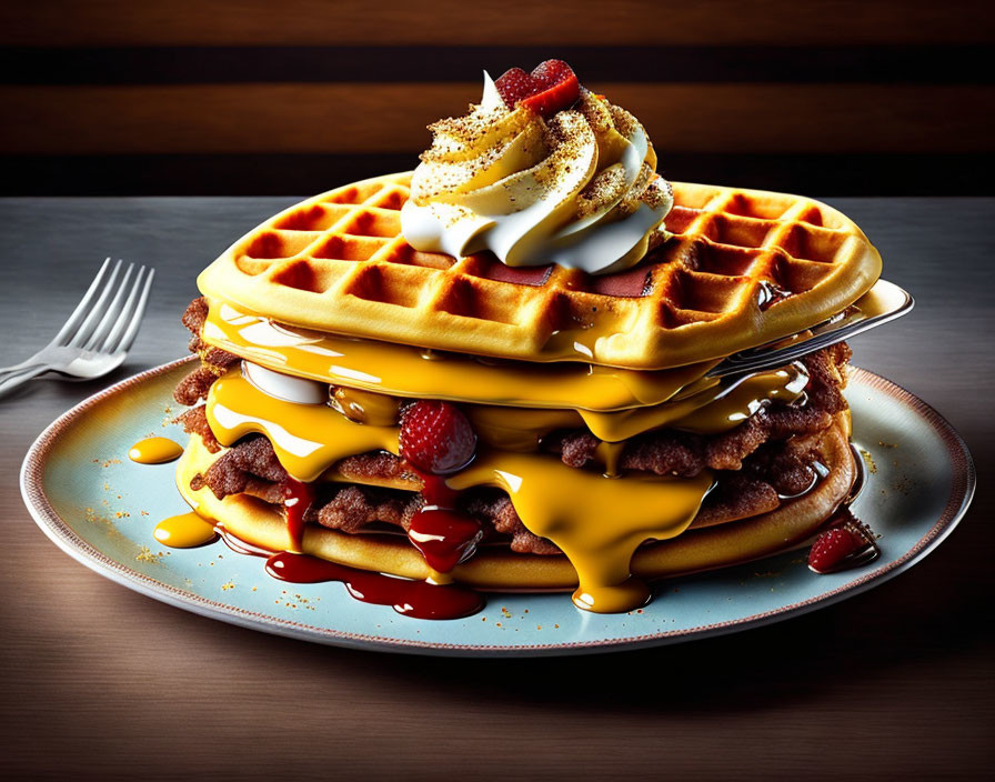 Stack of Waffles with Syrup, Whipped Cream, Strawberries, and Fried Chicken Plate