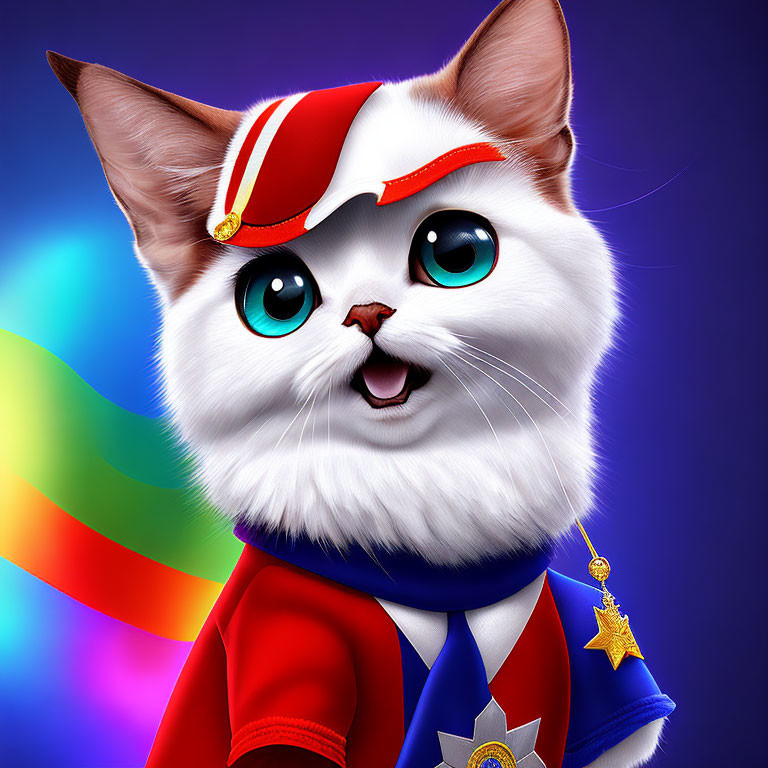 Colorful Cat Hero with Blue Eyes and Red Cape on Blue Background