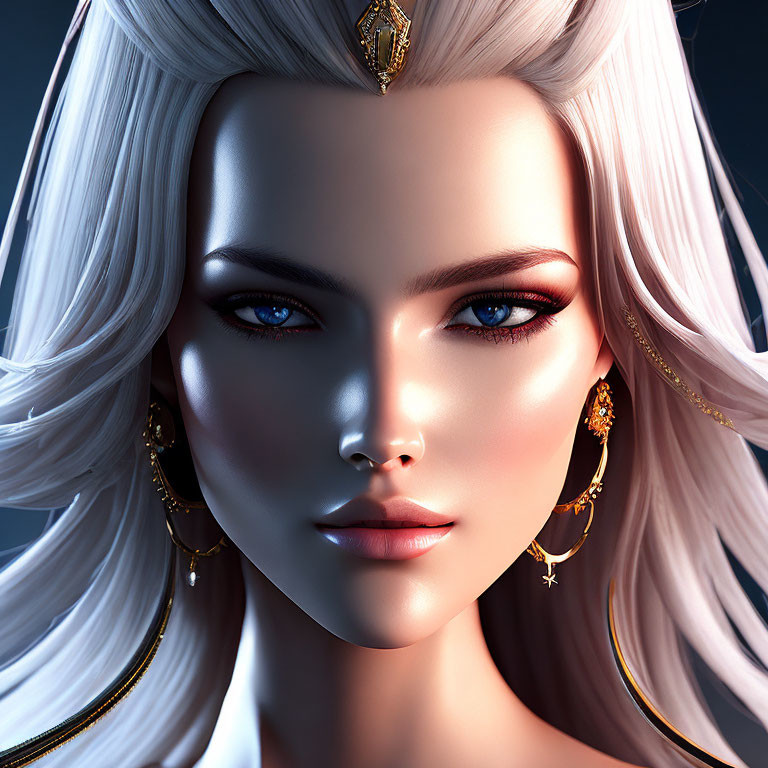 Female Character 3D Rendering: Blue Eyes, White Hair, Gold Jewelry