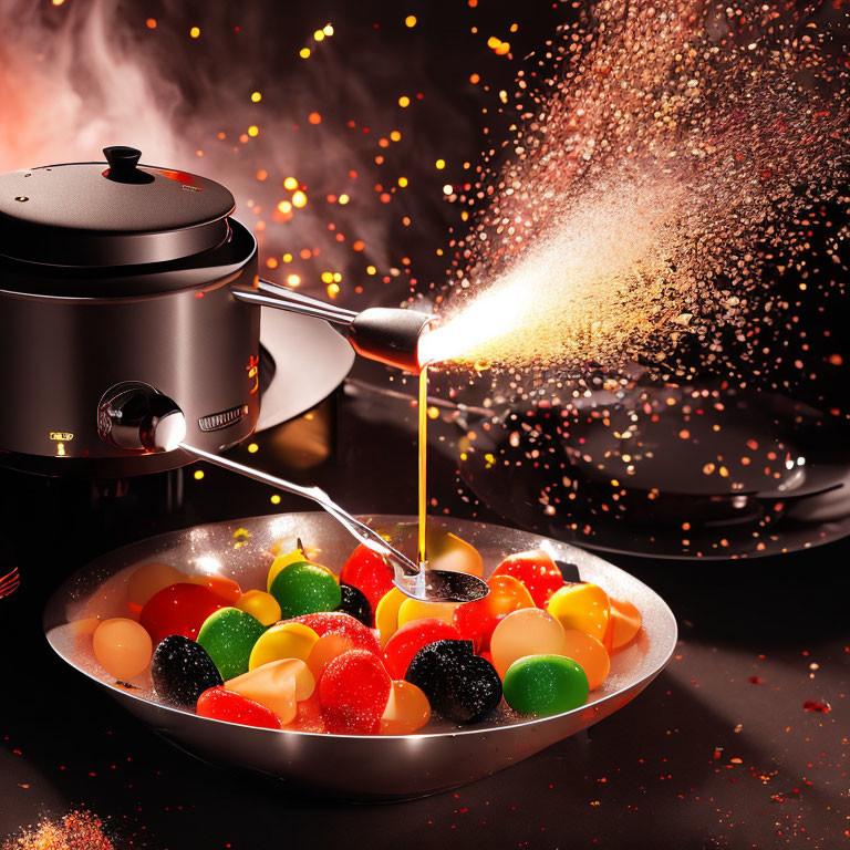 Pot pouring chocolate over colorful candies with dynamic splashes and sparks