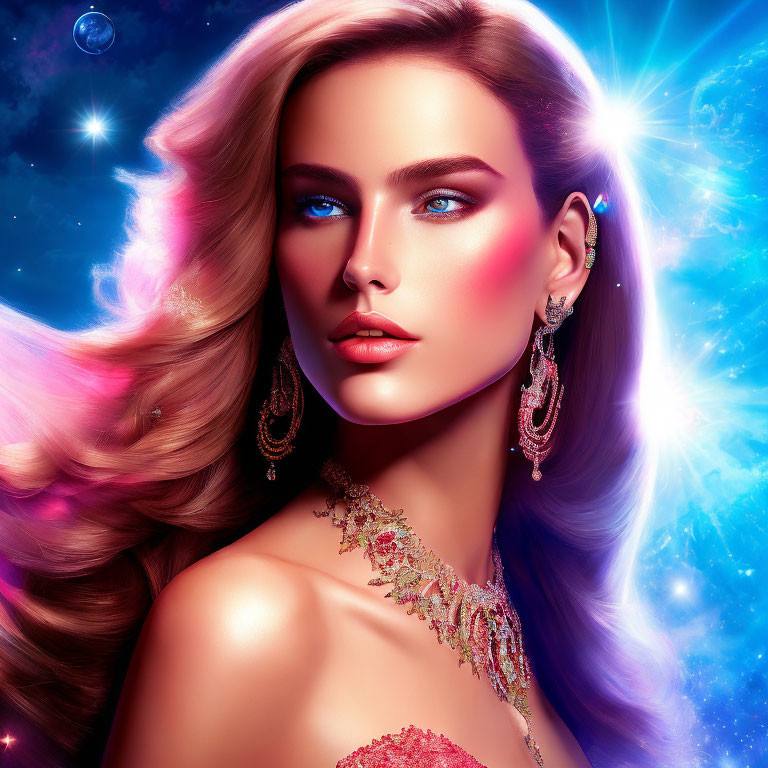 Woman with Flowing Hair and Blue Eyes in Cosmic Setting with Jewelry