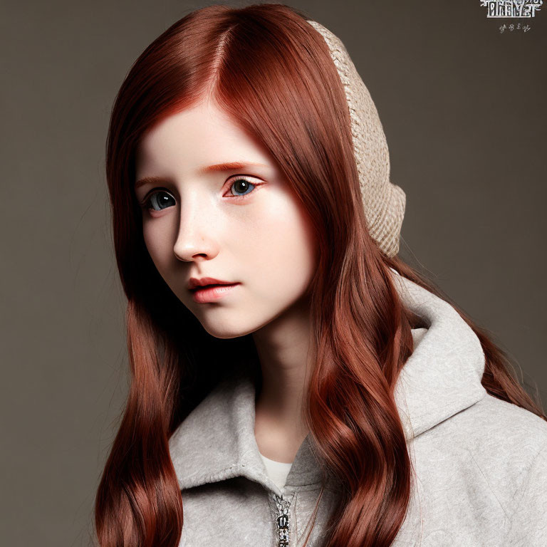 Person with Long Auburn Hair in Beanie and Gray Hoodie on Neutral Background