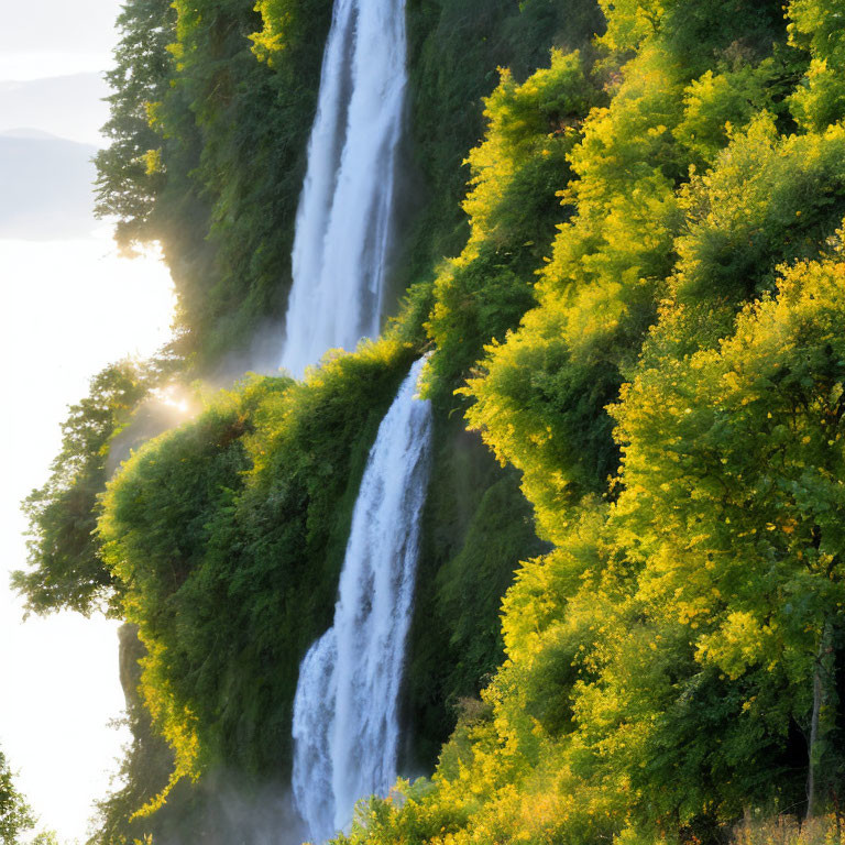 Lush green foliage surrounding cascading waterfall at sunrise or sunset