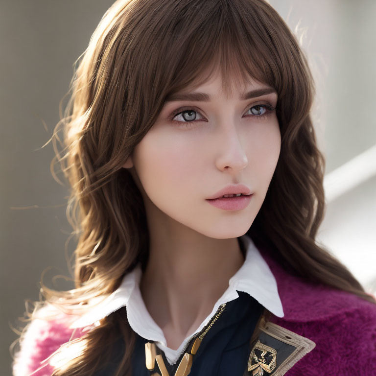 Portrait of a woman with brown hair, pale skin, light eyes, dark uniform, gold accents,